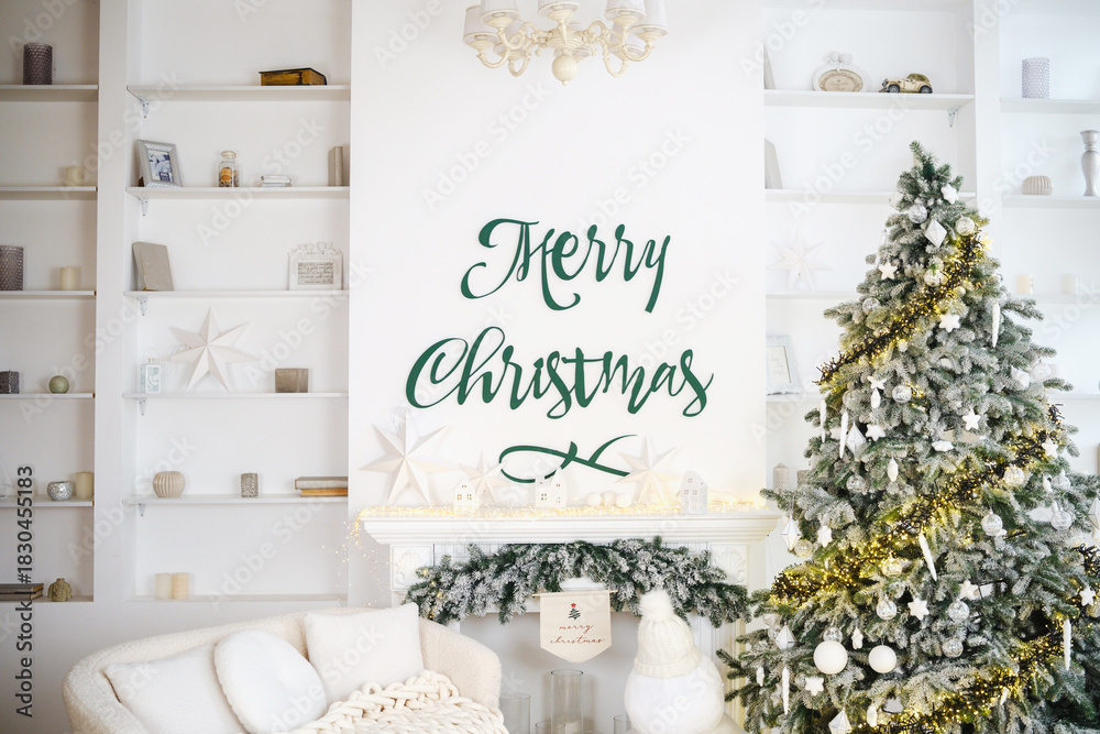 Fototapeta premium Cozy living room decorated for Christmas with a lit tree and fireplace