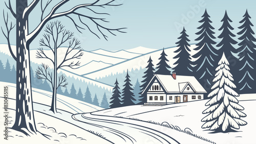 A winter landscape with a house, snow covered trees and mountains in the background creating a peaceful scene