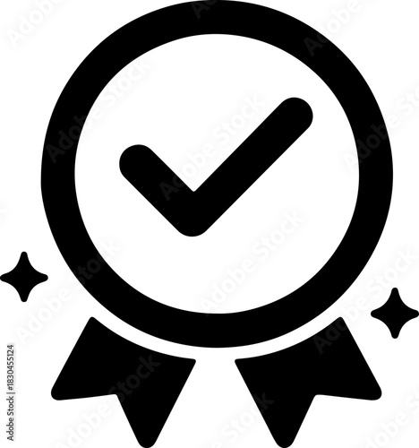 A black and white circular icon with a checkmark inside, signifying approval, and two sparkling stars on either side, representing excellence or a seal of quality, presented in vector format