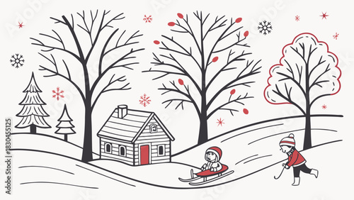 Winter scene with house, trees, snowflakes, and children playing in the snow landscape drawing