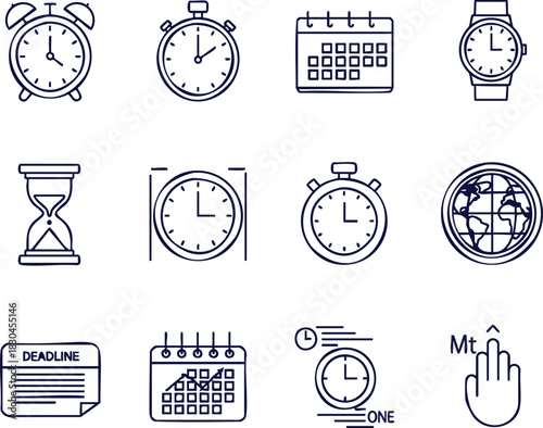 Time management icons for business planning and deadline reminders in modern minimalist style, perfect for project management and scheduling solutions