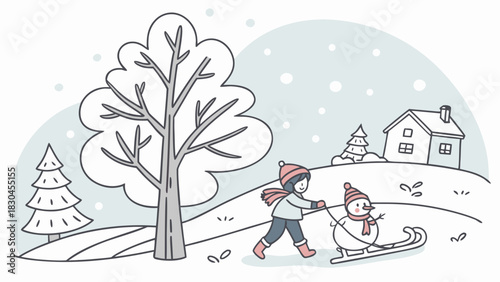 Illustration of a child pulling a snowman on a sled in a snowy winter landscape scene outdoors