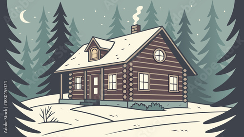 Illustration of a log cabin in a snowy forest with a crescent moon and smoke from the chimney at night