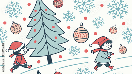 Children playing in a winter scene with christmas tree ornaments and snowflakes falling down around them