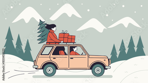 People driving a car with christmas tree and gifts on top in a snowy mountain landscape scene
