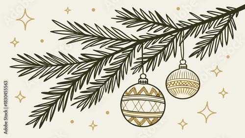 Christmas tree branch with ornaments and stars in a festive holiday illustration style design