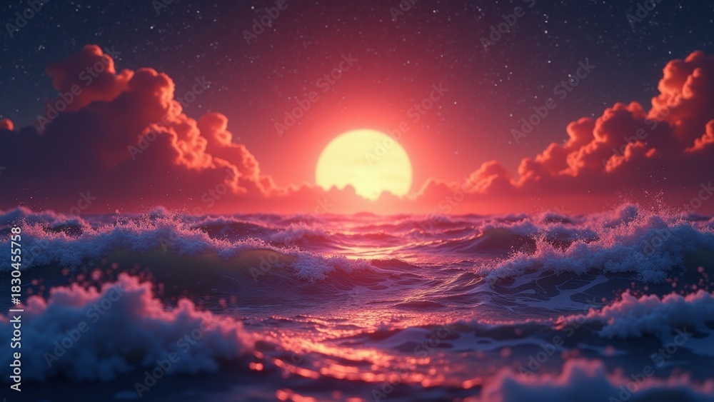 Obraz premium Dramatic full moon rising over turbulent ocean waves under starry twilight sky with glowing red clouds, concept of relaxation, meditation apps, travel agencies