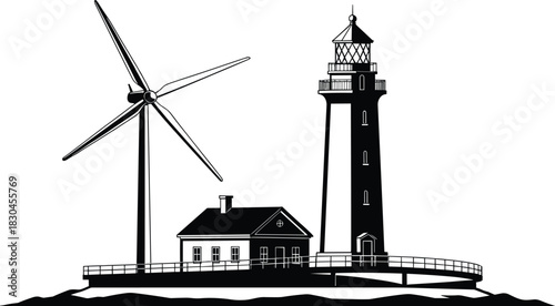Windmill silhouette vector illustration in a scenic landscape with architectural details