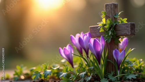 Rustic wooden cross entwined with green ivy and surrounded by purple crocus flowers in warm sunset light, concept of easter hope, christian faith, memorial services