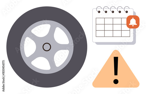 Tire with five-hole rim, calendar marked with notification icon, and warning triangle. Ideal for car care, auto service, safety, maintenance planning, deadlines, hazard awareness simple flat