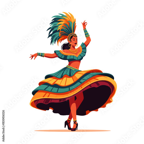 A vibrant illustration of a woman in a colorful, feathered carnival costume dancing with ribbons and confetti, embodying celebration and festive spirit.