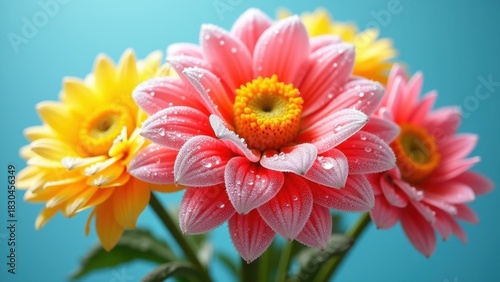 Three colorful gerbera daisies in pink peach and yellow with fresh water droplets against turquoise background, concept of spring greeting, mothers day, floral congratulations