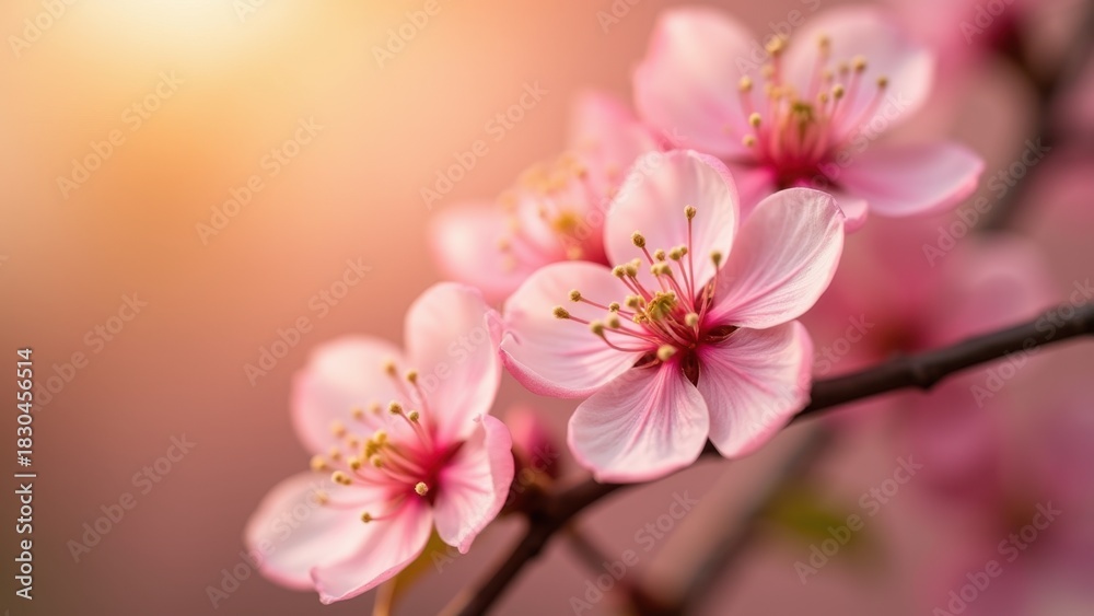 Obraz premium Delicate pink cherry blossoms blooming on branch in warm golden sunlight with soft bokeh background, close up spring flowers macro, concept of womens day, beauty brands, spring holidays