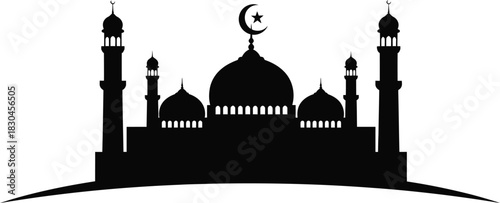 Silhouette of a mosque with crescent moon on white background