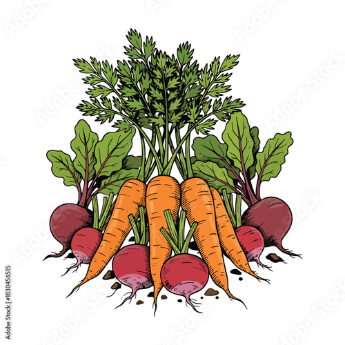 Fresh bunch of orange carrots and red radishes with green leaves vector illustration.