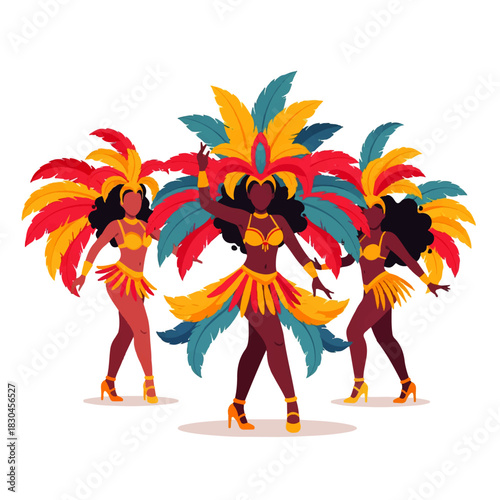 Three people celebrating Mardi Gras in vibrant purple, green, and gold feather headdresses and beaded necklaces, exuding festive joy and cultural spirit.