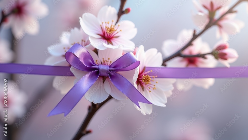 Obraz premium Delicate purple satin bow tied on blooming cherry blossom branch with soft spring bokeh background, tender beauty closeup, concept of womens day, epilepsy awareness, floral greeting cards