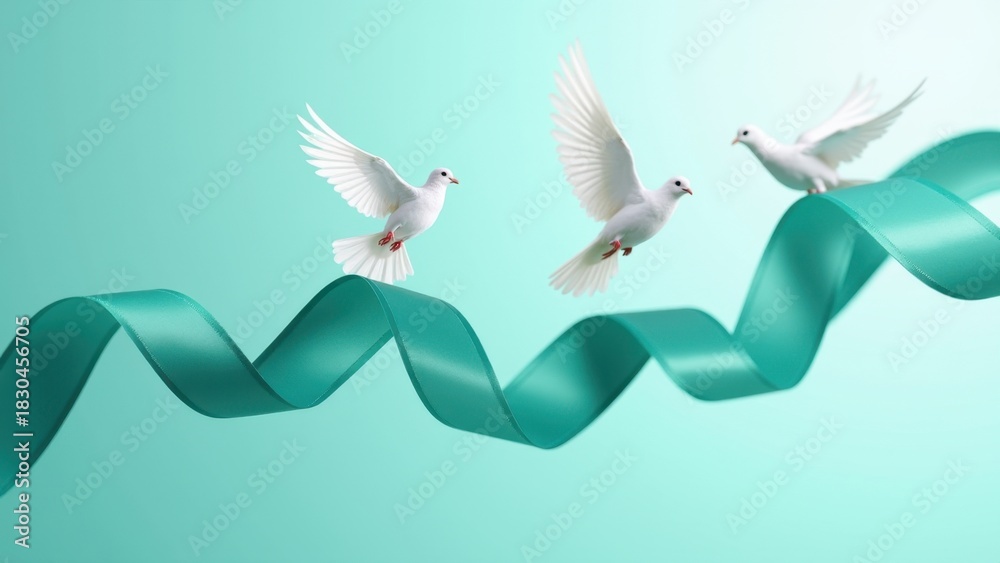 Obraz premium White doves flying along flowing teal ribbon against clean turquoise background with large empty space, peaceful freedom symbol, concept of ovarian cancer awareness, sexual assault support