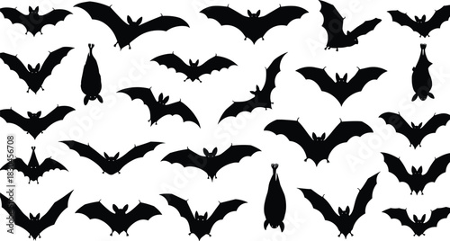 Collection of flying and hanging bat silhouettes, detailed nocturnal creatures in various wing positions, ideal for Halloween designs, spooky themes, and dark vector illustrations