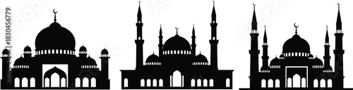 Silhouette of three mosques with domes and minarets on white background