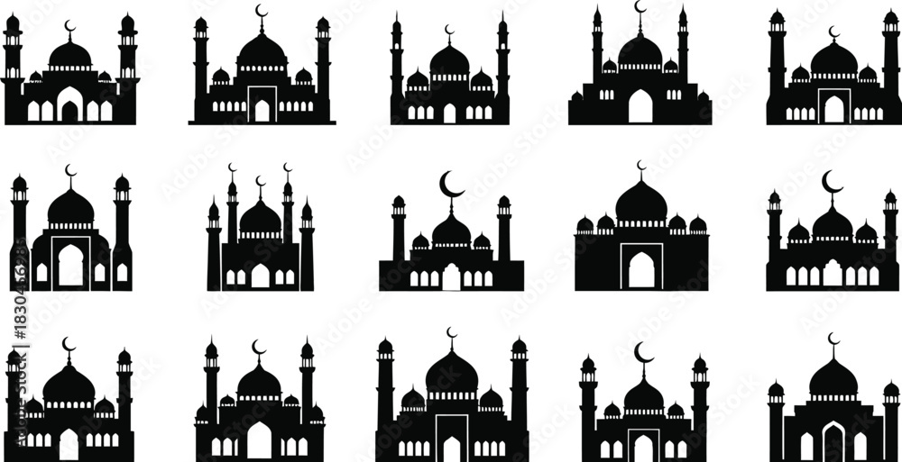 Fototapeta premium Collection of mosque silhouettes for islamic design and ramadan greetings