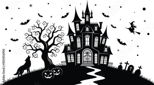 Haunted Halloween castle scene vector, featuring spooky tree, wolf, pumpkins, bats, witch and graveyard silhouettes, perfect for eerie seasonal artwork and designs