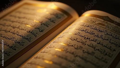 Open holy quran with glowing golden light illuminating arabic verses closeup on dark background, divine spiritual moment, concept of ramadan kareem, eid mubarak, islamic inspiration