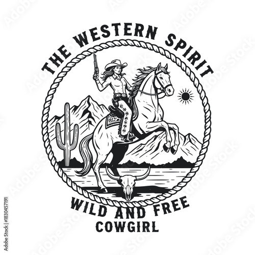Wild western cowgirl riding horse badge with mountain landscape vector illustration.