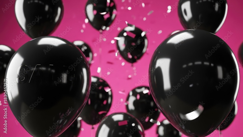 Fototapeta premium Glossy Black 'SALE' Balloons and Sparkling Confetti on a Vibrant Pink Background