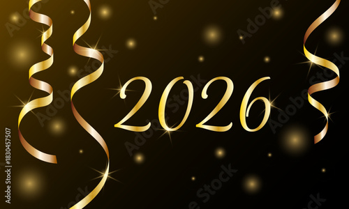 Gold numbers 2026 with with golden serpentine on dark background. New Year greeting card