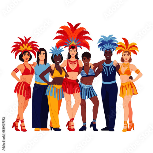 Vibrant illustration of a woman dancing in a festive carnival costume with flowing orange and red fabric and feathered headdress. Captures the energy of celebration and traditional dance.