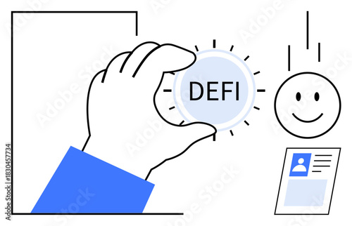 Decentralized finance. DeFi innovation with a hand holding a coin and elements digital identity in blockchain. Decentralized finance for fintech, blockchain apps, security solutions, and identity