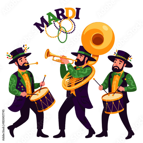 A vibrant illustration of a couple in elaborate purple and gold carnival costumes and feathered masks, celebrating Mardi Gras or a festive masquerade event.