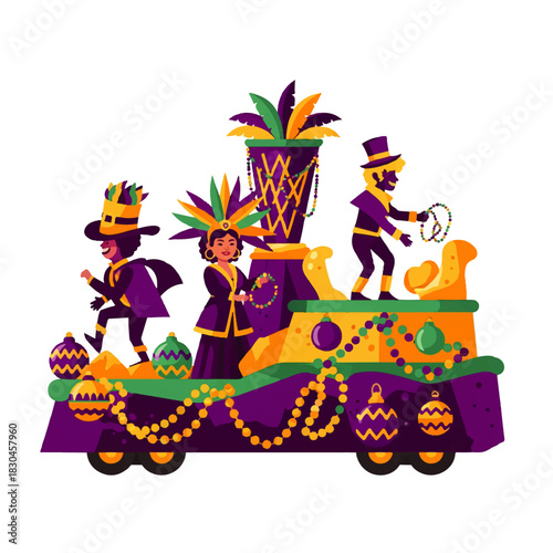 A festive musician in a colorful Mardi Gras costume plays a trumpet, with vibrant musical notes floating in the air. Perfect for celebrations and music themes.