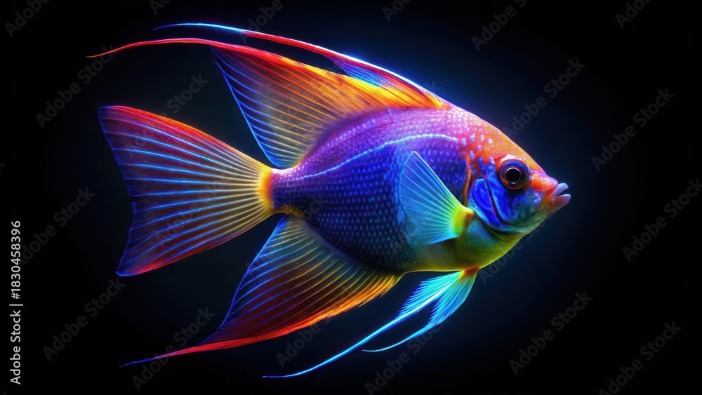 Fototapeta premium Neon angelfish glowing in darkness