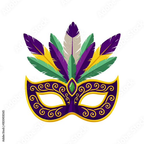 A collection of four vibrant purple carnival masks, intricately decorated with feathers, jewels, and gold accents, perfect for festive celebrations and masquerade themes.