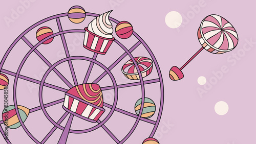 Whimsical ferris wheel with cupcakes and candy on a pastel background