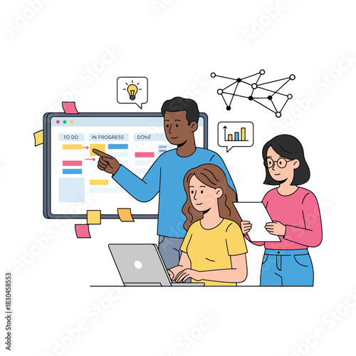 Team of office workers collaborating on project with task board vector illustration.