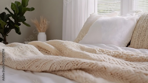 Cream colored textured throw blanket covers a soft bed near a bright window