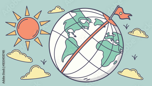 Stylized illustration of the earth with a red line crossing it sun and clouds