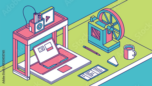 Creative workspace with 3d printer and laptop illustration