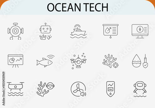 ocean tech line icon set, underwater exploration monitoring robot vector