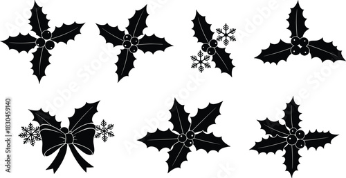 Christmas holly silhouette set, festive leaf and berry design, holiday ribbon decoration, seasonal vector icons, winter ornament graphic pack
