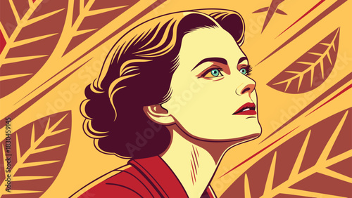 Retro woman looking up with stylized leaves background