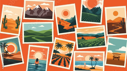 Abstract Landscape Stamp Collection: Minimalist Flat Design Art for Travel & Nature Themes