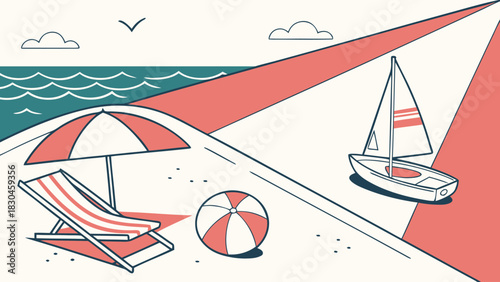 Summer beach scene with umbrella deck chair sailboat and beach ball