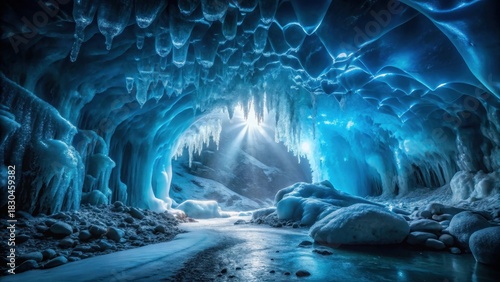 Glowing ice cave in darkness with shimmering crystals