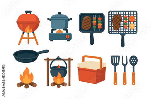 Barbecue grill and utensils, flat vector illustration, grilling, cooking tools
