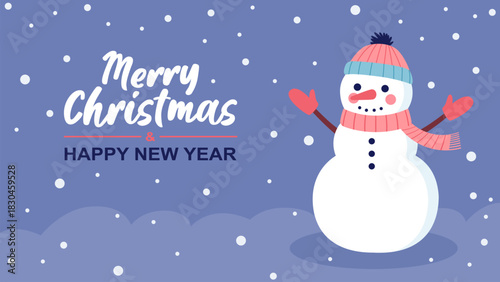 Merry Christmas, vector design with a cute snowman. Christmas snowman on a winter snowy background. Vector illustration, holiday design.