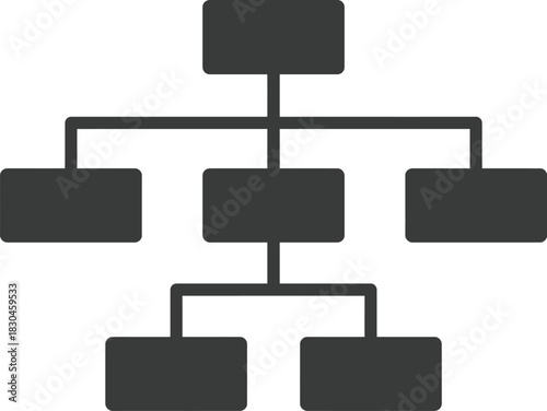 Black hierarchical diagram with interconnected rectangles and lines representing a structured flow on transparent background